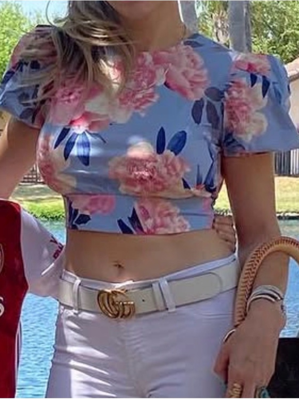 Express Light Blue Floral Puff-Sleeve Crop Top